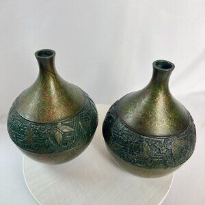 Japanese Vintage Ikebana Metal Flower Vases with Butterfly Floral Design Pair